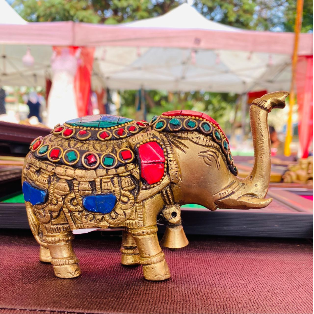Handcrafted Brass Elephant Idol with Gemstone Inlay