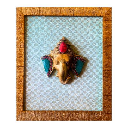 Tatva Creators Brass Ganesha Turquoise and Red Stone Wall Frame