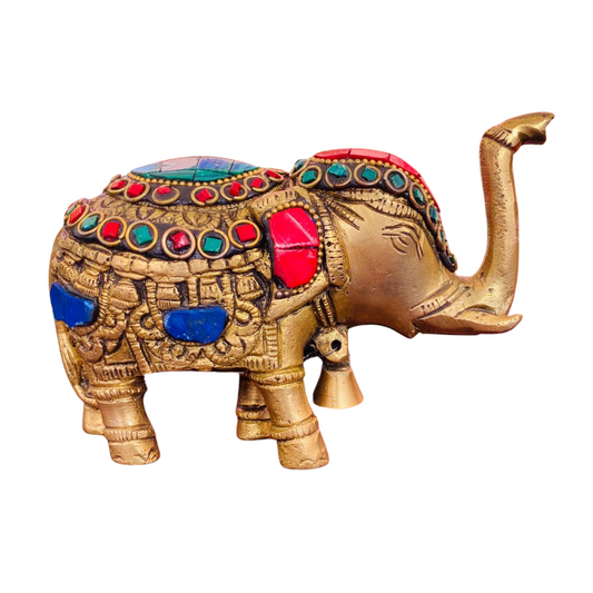 Handcrafted Brass Elephant Idol with Gemstone Inlay