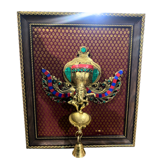 Handcrafted Brass Ganesha Wall Hanging with Bell & Frame – 13.5 x 11.5 Inches
