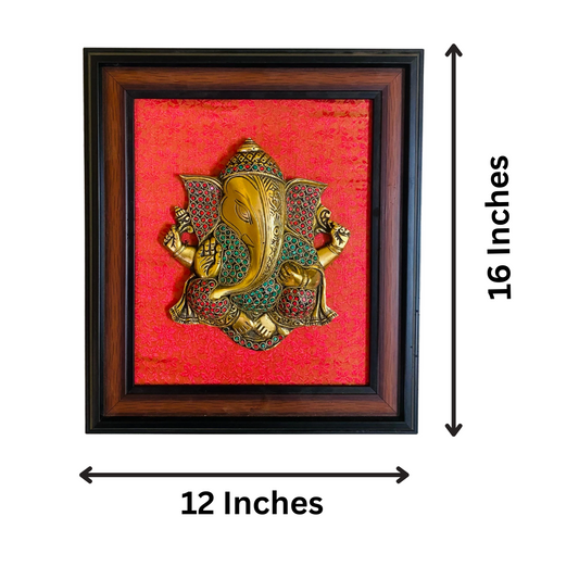 Brass Ganesha Wall Art Frame – Exquisite Brass Ganesha Panel with Red Silk Background and Antique Wooden Frame