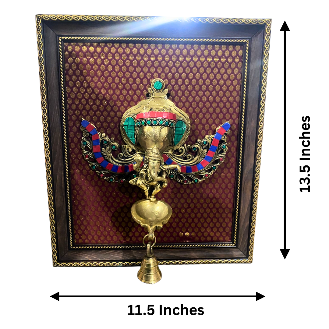Handcrafted Brass Ganesha Wall Hanging with Bell & Frame – 13.5 x 11.5 Inches