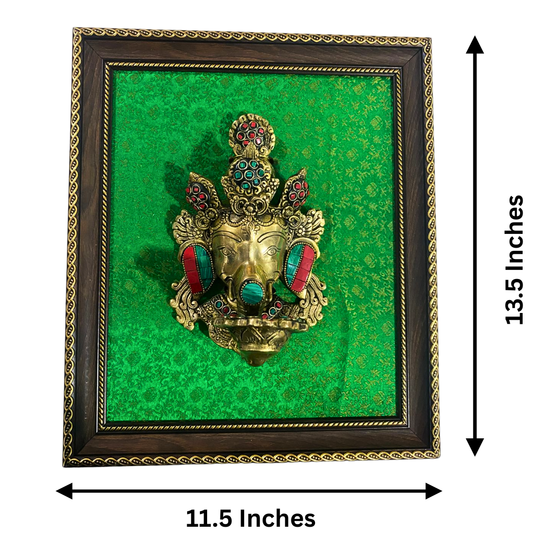 Brass Lord Ganesha Wall Hanging with Decorative Frame – Handcrafted Wall Art (11.5 x 13.5 inches)