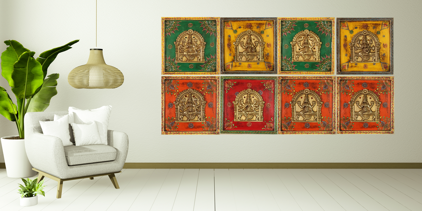 Asta Lakshmi Wall Art Set – Intricately Crafted Brass Asta Lakshmi Panels with Multicolored Hand-Painted Backgrounds and Antique Wooden Frames