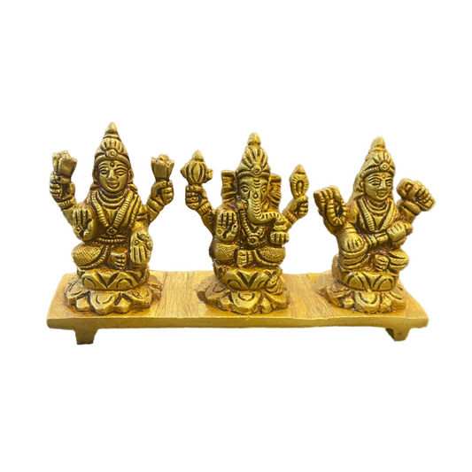 Brass Lakshmi, Ganesha, Saraswati Idol Set – Intricately Crafted Brass Statues on Wooden Base for Home Decor and Pooja