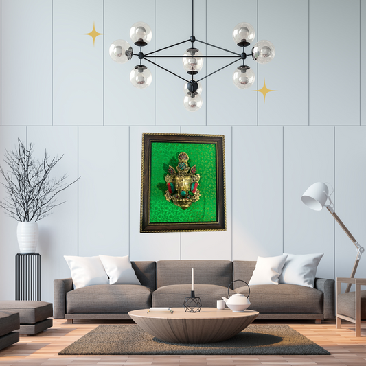 Brass Lord Ganesha Wall Hanging with Decorative Frame – Handcrafted Wall Art (11.5 x 13.5 inches)