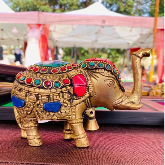 Handcrafted Brass Elephant Idol with Gemstone Inlay