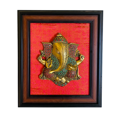 Brass Ganesha Wall Art Frame – Exquisite Brass Ganesha Panel with Red Silk Background and Antique Wooden Frame
