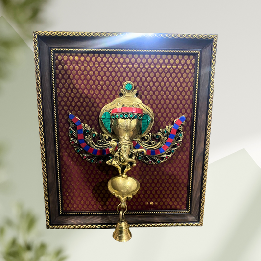 Handcrafted Brass Ganesha Wall Hanging with Bell & Frame – 13.5 x 11.5 Inches
