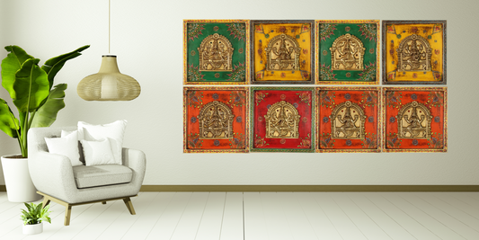 Asta Lakshmi Wall Art Set – Intricately Crafted Brass Asta Lakshmi Panels with Multicolored Hand-Painted Backgrounds and Antique Wooden Frames